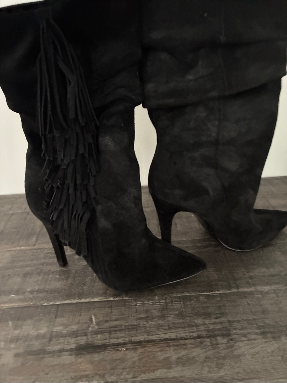 Aldo Black Suede Fringe Over-the-Knee Stiletto Boots